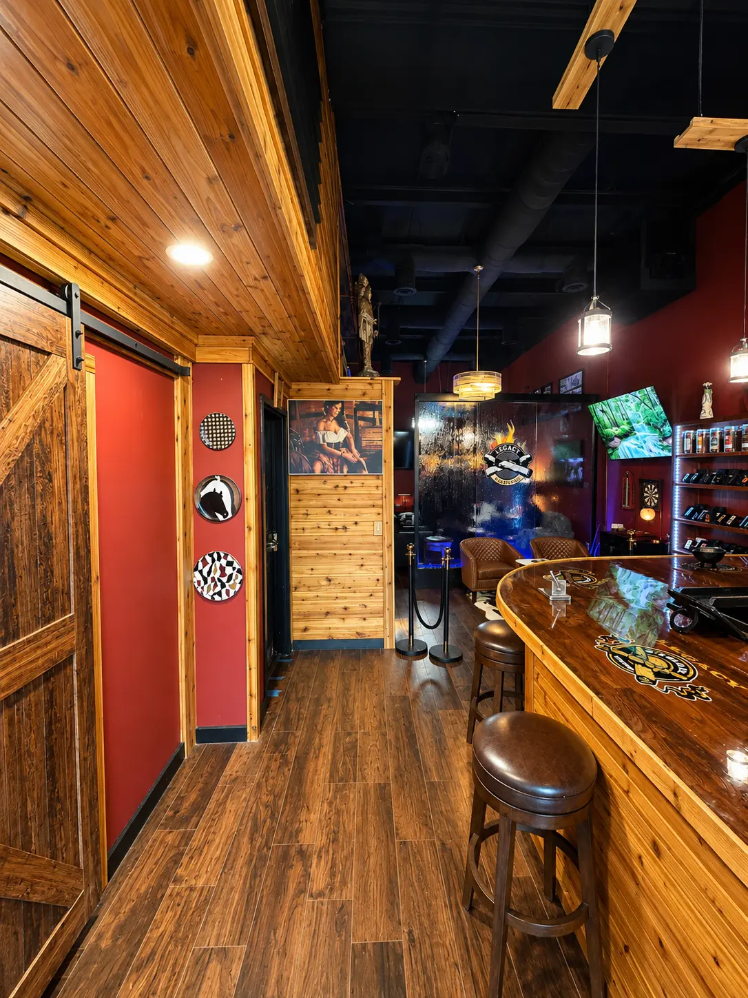 Cedar hallway leading past the bar at Legacy Lounge