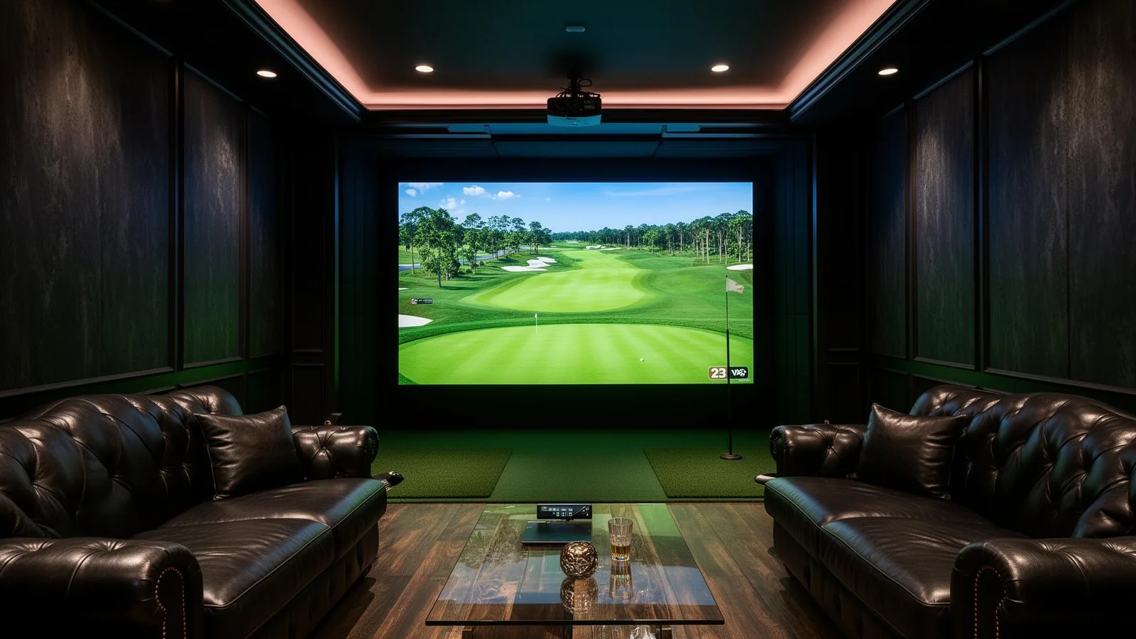 Private golf simulator at Charleston cigar lounge